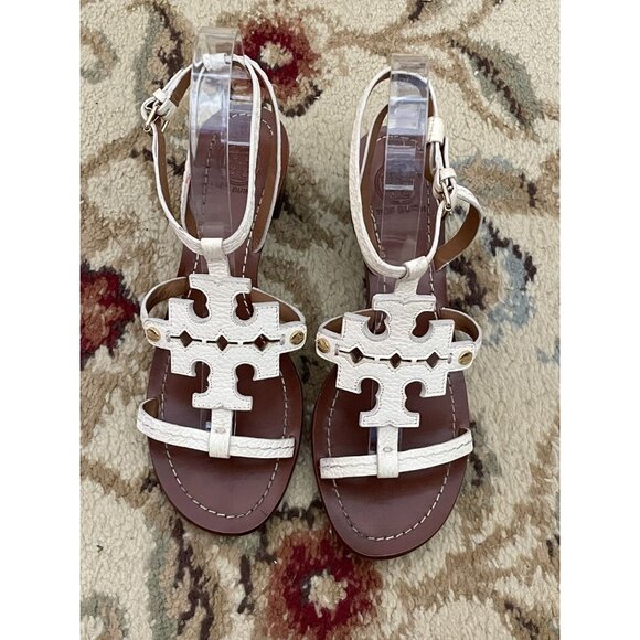 Tory Burch White Chandler Tumbled Leather Cork Heels Strappy Sandals Size 6.5 - Picture 1 of 7